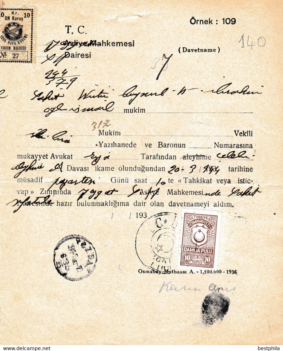 Turkey & Ottoman Empire - Turkish Air Agency Aid Stamp & Rare Document With Stamps - 140 - Brieven En Documenten