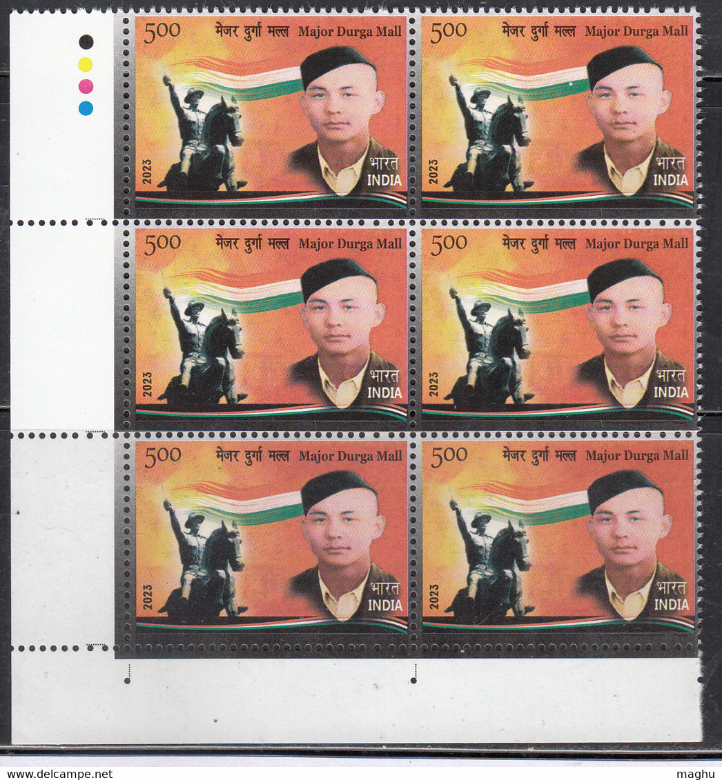 T/L Block Of 6, Major Durga Mall, India MNH 2023, Gorkha Soldier, Indian National Army, Statue, Monument Horse, Defence - Blocs-feuillets