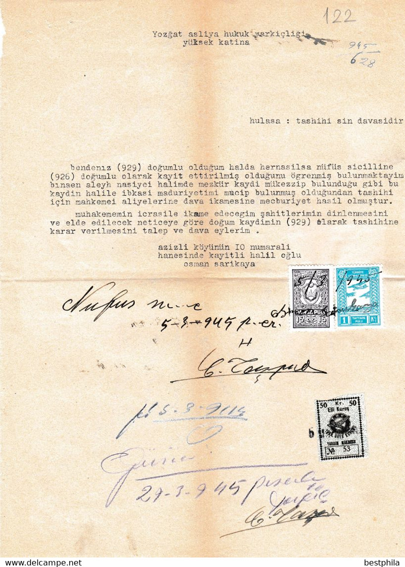 Turkey & Ottoman Empire - Turkish Air Agency Aid Stamp & Rare Document With Stamps - 122 - Brieven En Documenten
