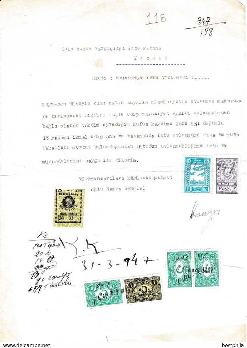 Turkey & Ottoman Empire - Turkish Air Agency Aid Stamp & Rare Document With Stamps - 118 - Lettres & Documents