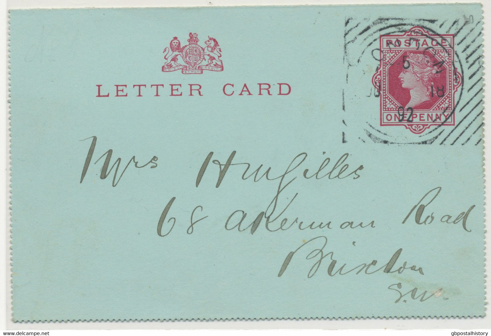 GB 1892 EXPERIMENTAL HOSTER MACHINE POSTMARK (LONDON Double Rim, 18 Bars (M) – CBP 10/21) On Superb QV 1d Carmine Postal - Lettres & Documents