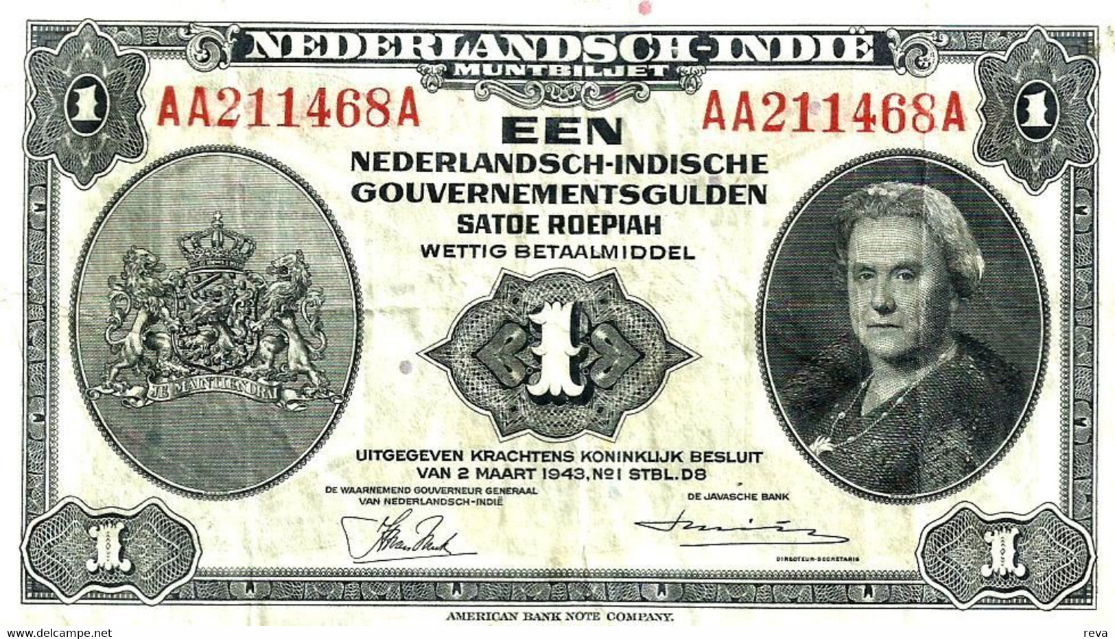 NETHERLANDS EAST INDIES 1GULDEN BLACK WOMAN HEAD FRONT MOTIVE BACK 02-03-1943 P.111 VF READ DESCRIPTION CAREFULLY !!! - Autres - Asie