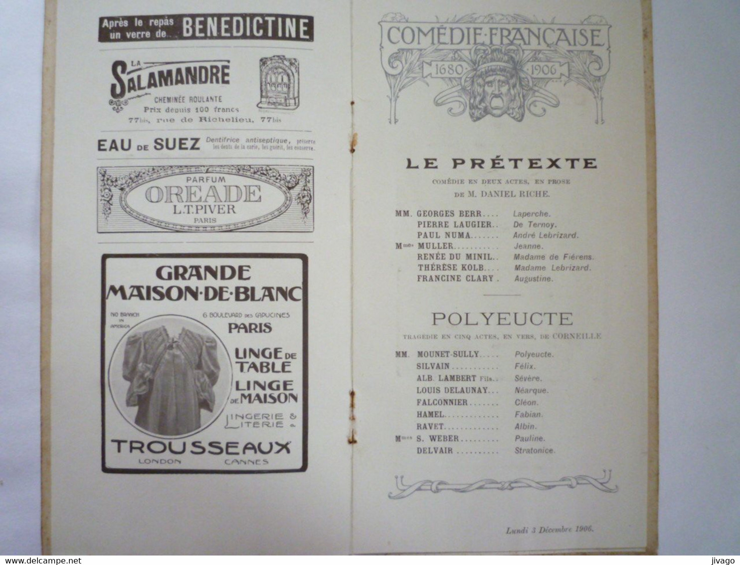 2023  -  219  PROGRAMME De La " Comédie Française "  1907   XXX - Programmi