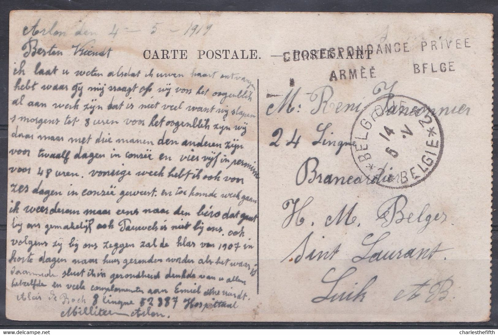 CPA OBL. FORTUNE ( 1919 ) Griffe CORRESPONDANCE PRIVEE ARMEE BELGE - De HOPITAL MILITAIRE ARLON > Brancardier à LIEGE - Noodstempels (1919)