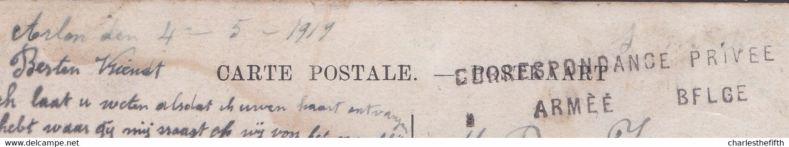 CPA OBL. FORTUNE ( 1919 ) Griffe CORRESPONDANCE PRIVEE ARMEE BELGE - De HOPITAL MILITAIRE ARLON > Brancardier à LIEGE - Fortune Cancels (1919)