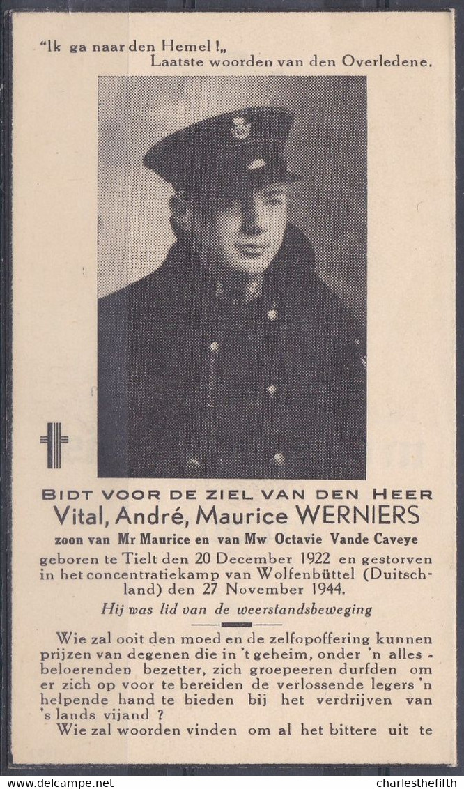 1944 WEERSTAND - RESISTANCE - IMAGE VITAL WERNIERS ( TIELT ) MORT CAMP CONCENTRATION WOLFENBÜTTEL 27/11/1944 - Imágenes Religiosas