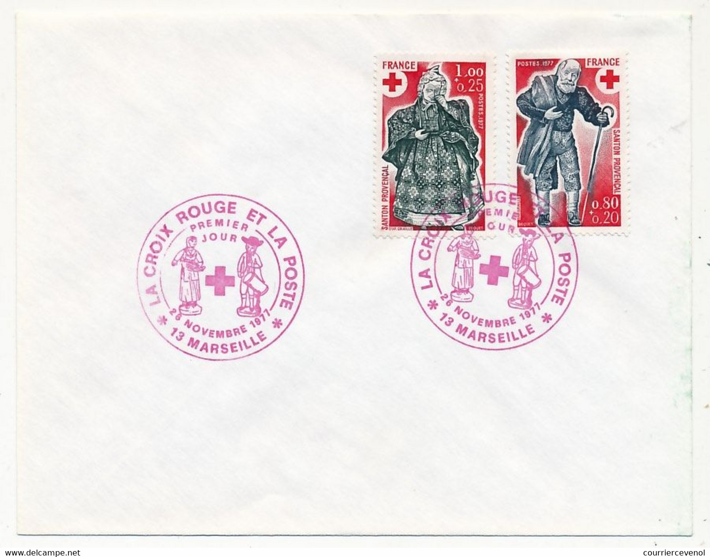 FRANCE - Env. Affr 0,80 + 0,20 Et 1,00 + 0,25 Santons - Obl Rouge MARSEILLE 28 Novembre 1977 Premier Jour - Covers & Documents