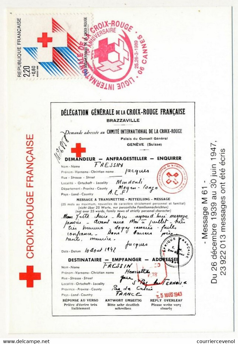 FRANCE Carte Postale "Ligue Internationale De La Croix Rouge" Cannes 1989 Oblit Temporaire Rouge - Storia Postale