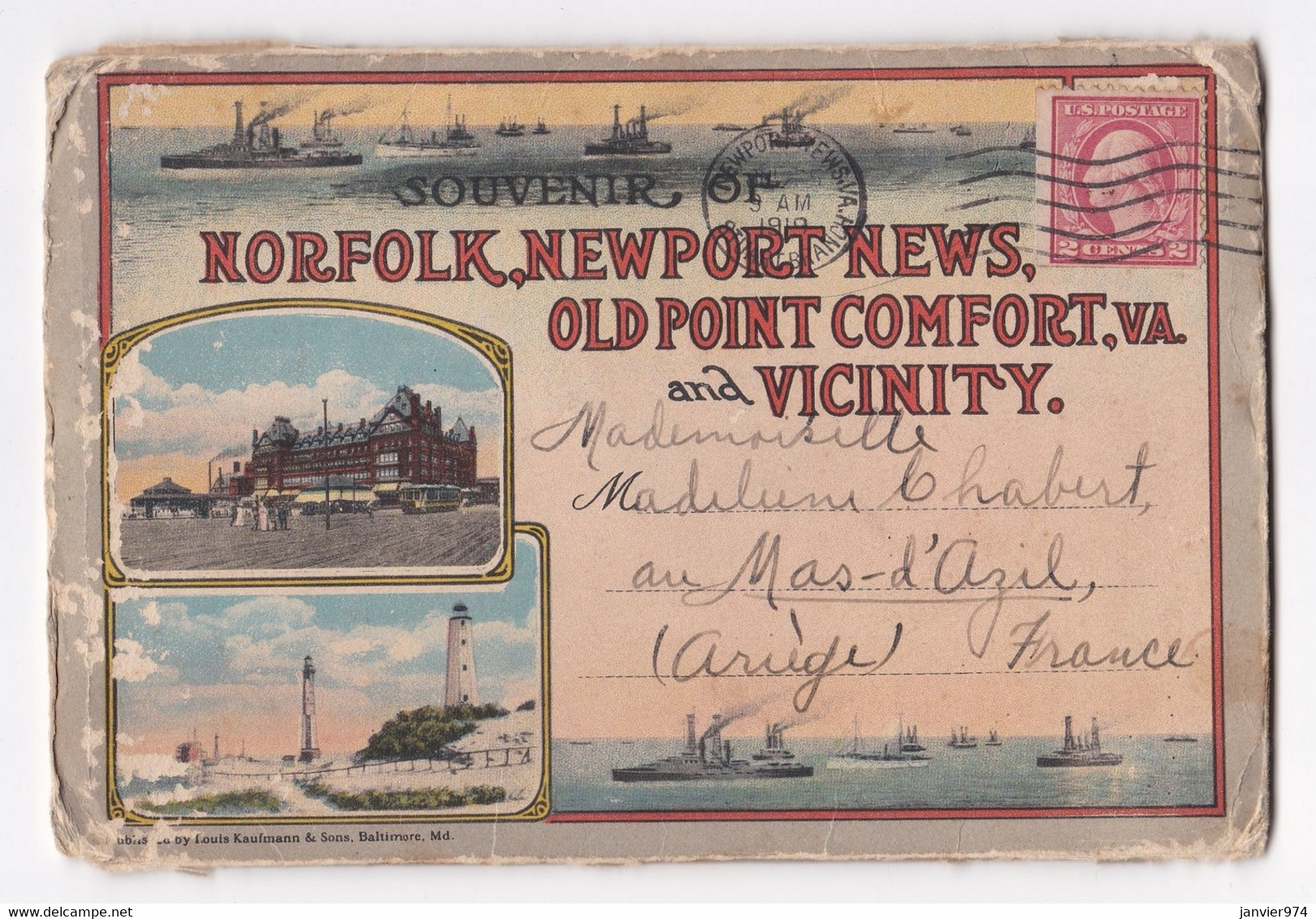 Carte De 1919 Souvenir Norfolk Newport News Avec 22 Photos Recto Verso , Pour Le Mas D’Azil Ariège - Norfolk