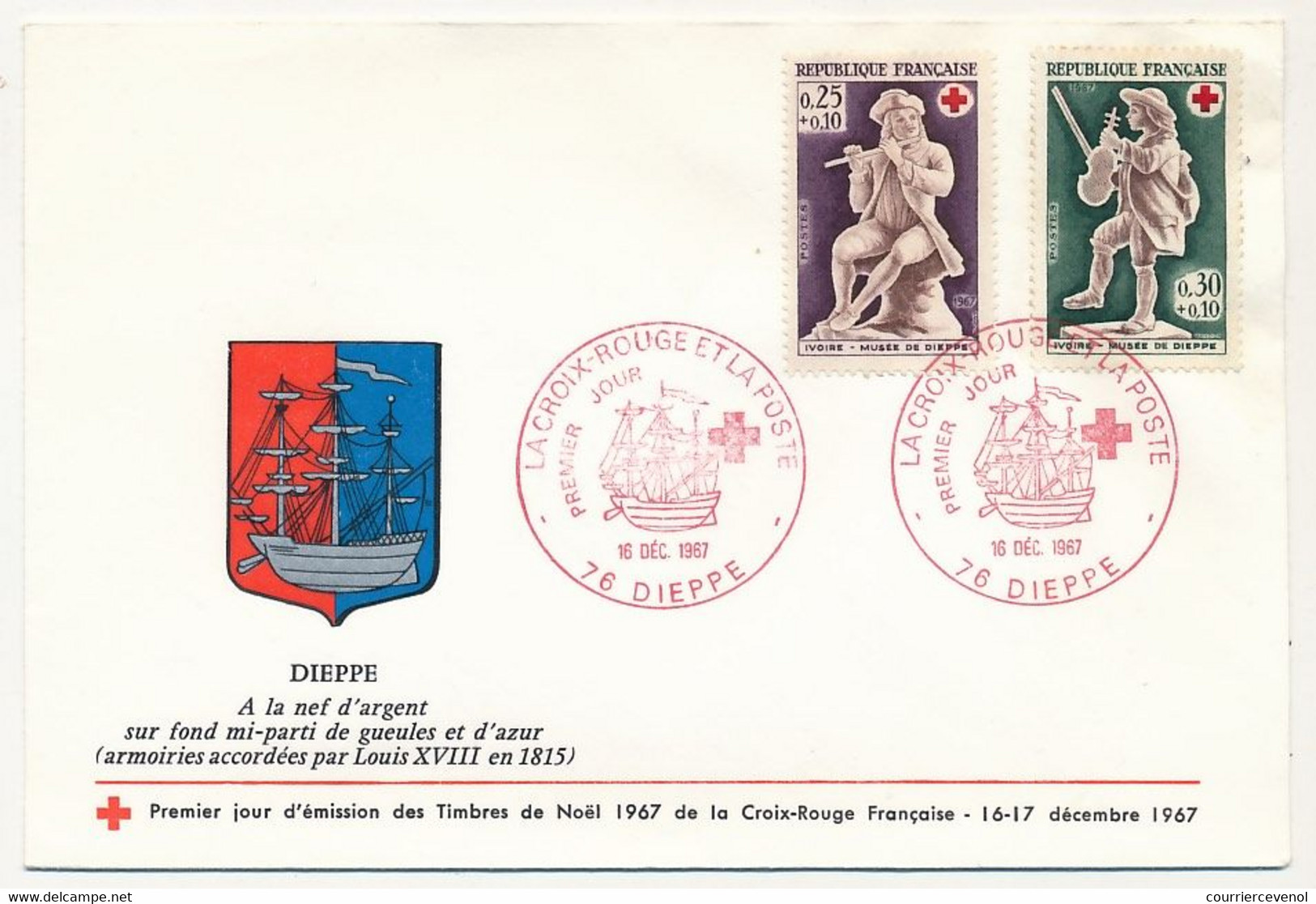 FRANCE - Env. Aff 0,25 + 0,10 Et 0,30 + 0,10 Ivoires Du Musée De Dieppe, Obl Rouge CROIX ROUGE DIEPPE 16/12/1967 - Covers & Documents