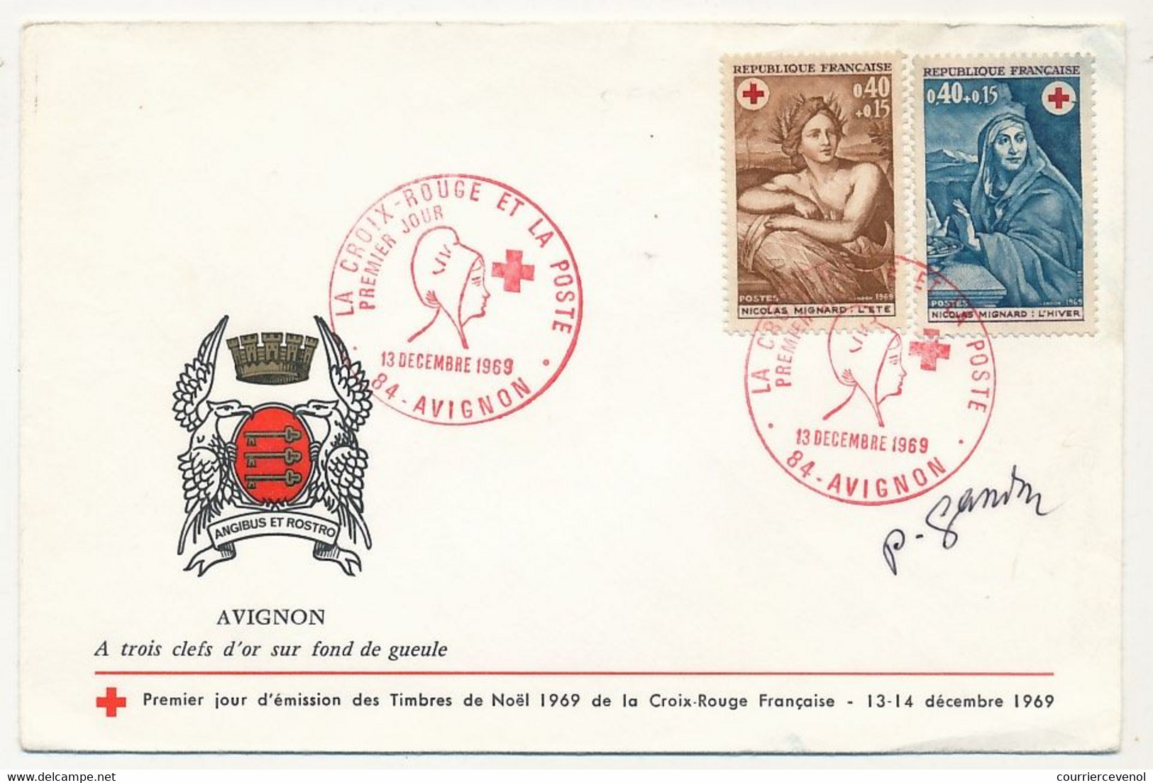 FRANCE - Env. Aff 0,40 + 0,15 X2 Nicolas Meignard - Obl CROIX ROUGE D'AVIGNON - 13 Déc 1969 AVIGNON (P.J) Signée GANDON - Briefe U. Dokumente