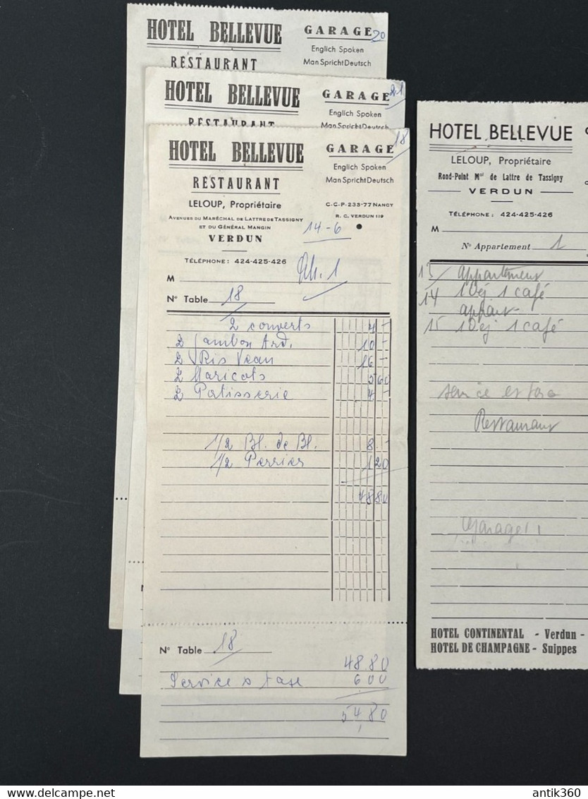 Lot De 5 Factures/Notes Anciennes Hôtel Bellevue Garage Station Esso Rond Point De Lattre De Tassigny à VERDUN - 1950 - ...