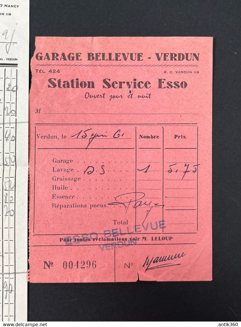 Lot De 5 Factures/Notes Anciennes Hôtel Bellevue Garage Station Esso Rond Point De Lattre De Tassigny à VERDUN - 1950 - ...