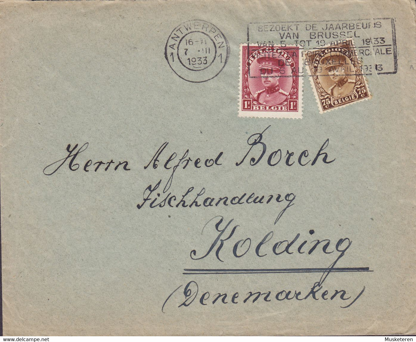 Belgium Borremans Vischhandel MARIEKERKE,  ANTWERPEN 1933 Cover Lettre Fischhandlung KOLDING Denmark Big Montenez - 1929-1941 Big Montenez