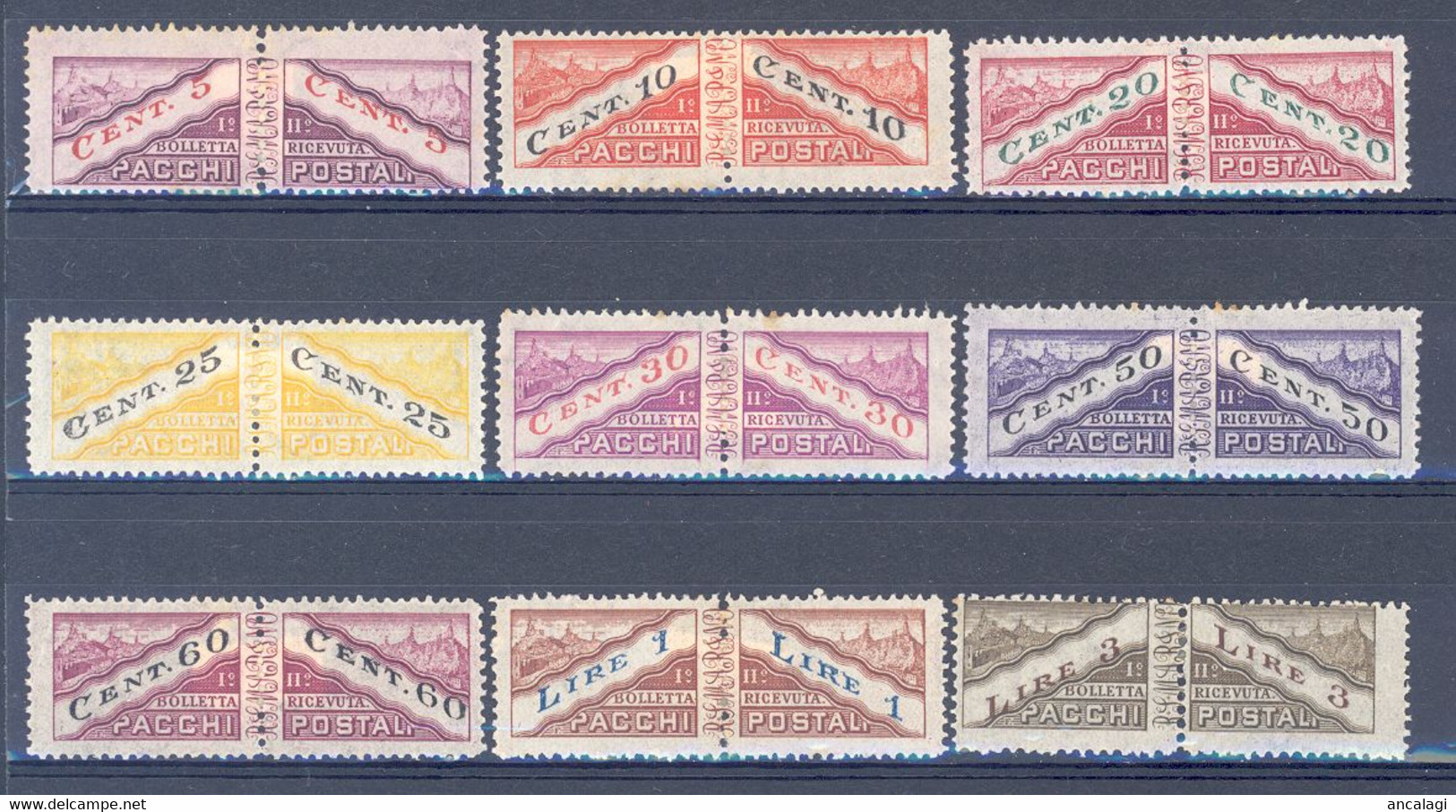 RSM F.lli Nuovi Pacchi Postali 001 - San Marino 1945 -  9v.* C.5-c.10-c.20-c.25-c.30-c.50-c.60-L.1-L.3 - Spoorwegzegels