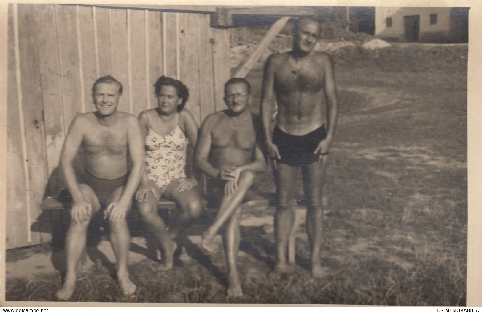 3 Nude Hairy Chest Men In Trunks & Woman In Swimwear Suntanning - Unclassified
