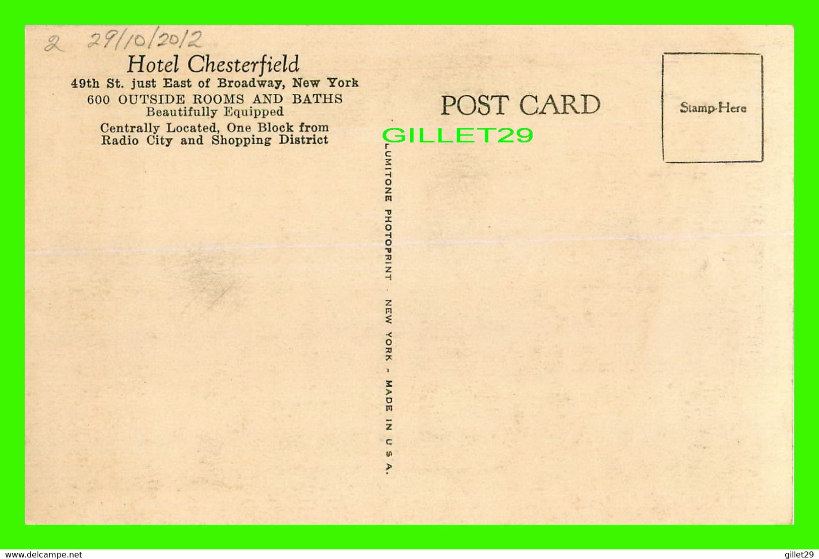 NEW YORK CITY, NY - HOTEL CHESTERFIELD ON 49th - LUMITONE PHOTOPRINT - - Bars, Hotels & Restaurants