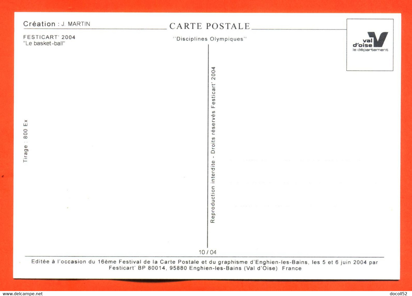 CPM GF JEUX OLYMPIQUES ATHENES 2004 " LE BASKET BAL " ILLUSTREE PAR J MARTIN POUR FESTICART ENGHEIN LES BAINS - 800 EX - Basketbal