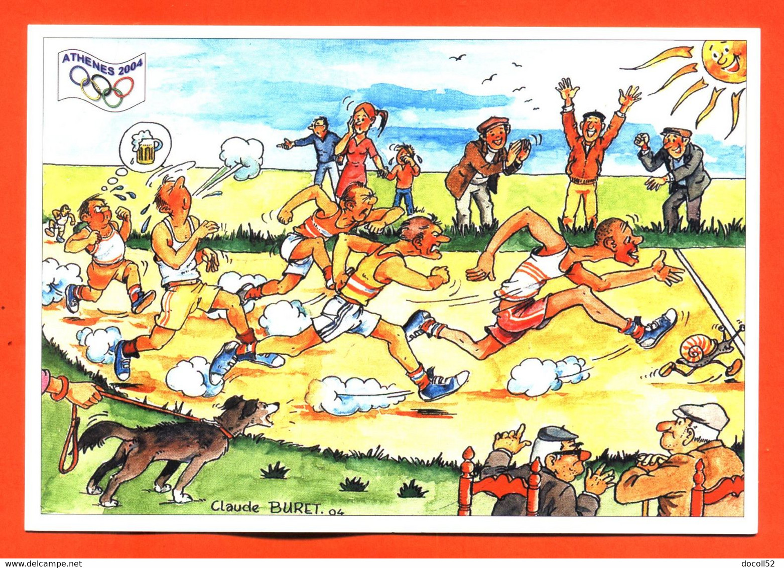 CPM GF JEUX OLYMPIQUES ATHENES 2004 " LE MARATHON " ILLUSTREE PAR CLAUDE BURET POUR FESTICART ENGHEIN LES BAINS - 800 EX - Athlétisme