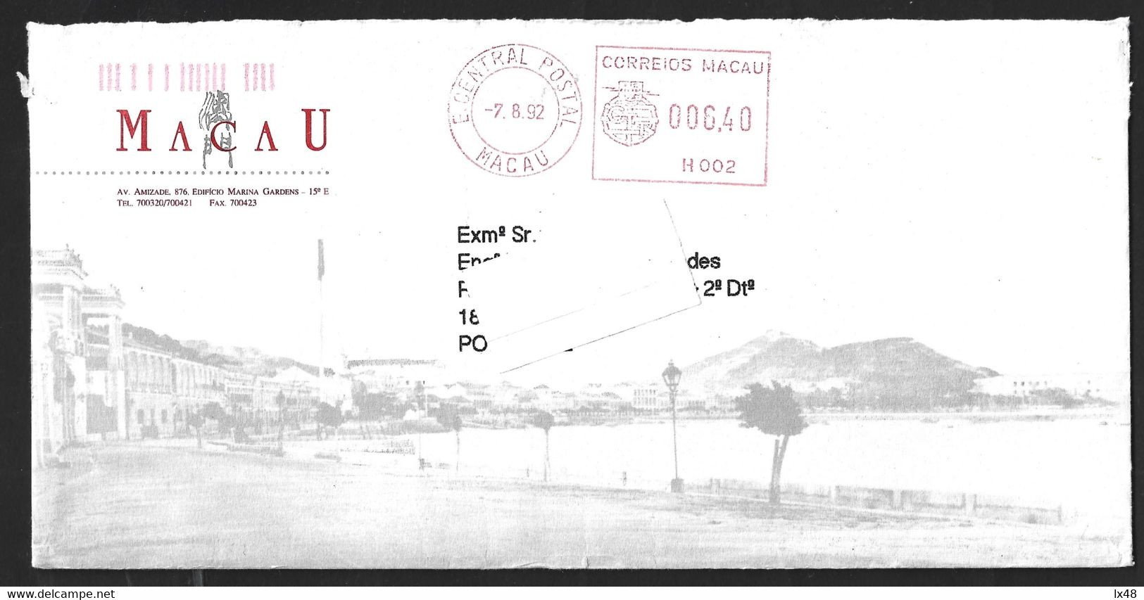 Macau Letter With Mechanical Obliteration From E. Central Postal Of Macau In 1992. Image Of Macau. Carta De Macau Com Ob - Storia Postale