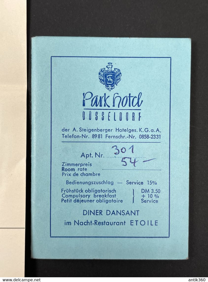 Ancienne Facture + Note Hôtel PARK HOTEL Dusseldorf Allemagne - Menus