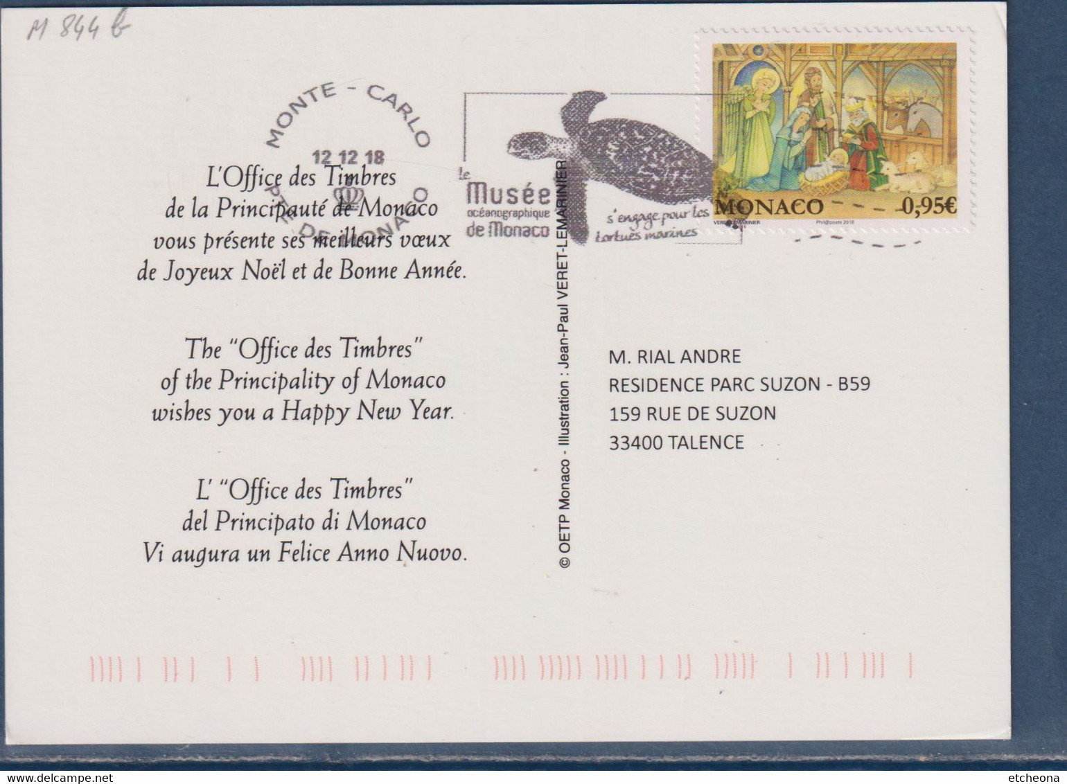 Carte Postale Illustration Reprise Visuel Du Timbre 3163 La Nativité Monaco 12.12.18 Flamme Monaco Musée Océanographique - Lettres & Documents