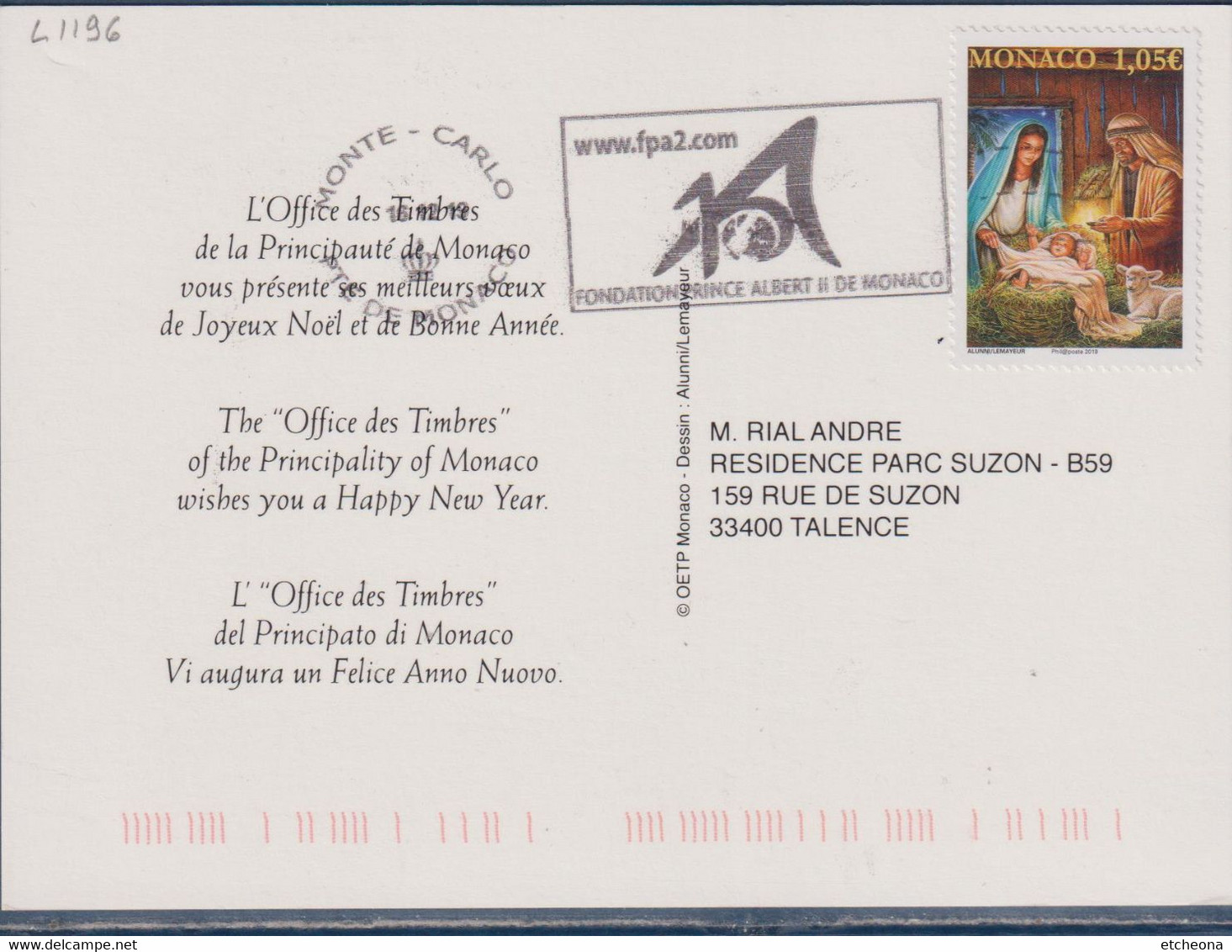 Carte Postale Illustration Reprise Visuel Du Timbre La Nativité Monaco 16.12.19 Flamme Fondation Albert II De Monaco - Lettres & Documents