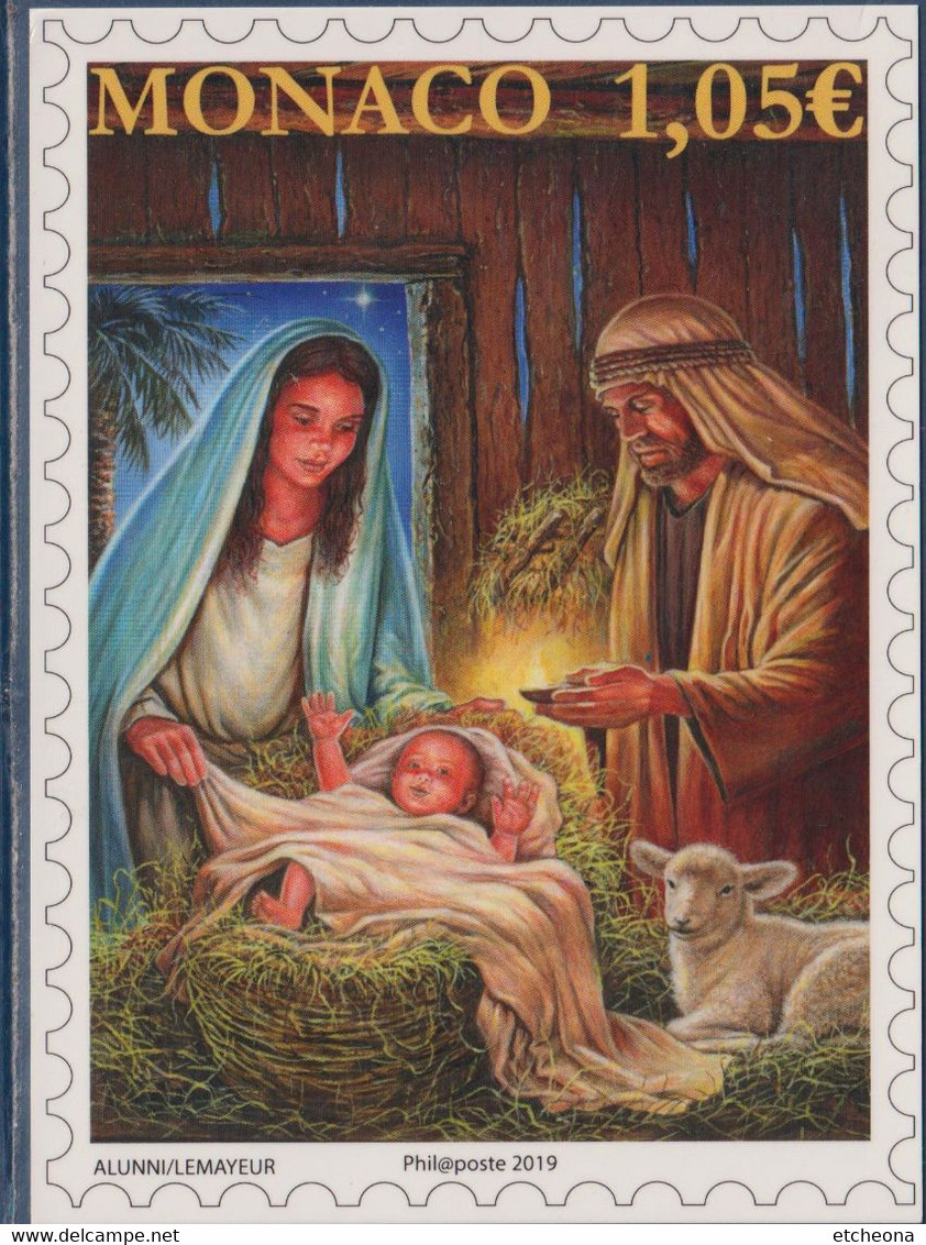 Carte Postale Illustration Reprise Visuel Du Timbre La Nativité Monaco 16.12.19 Flamme Fondation Albert II De Monaco - Covers & Documents