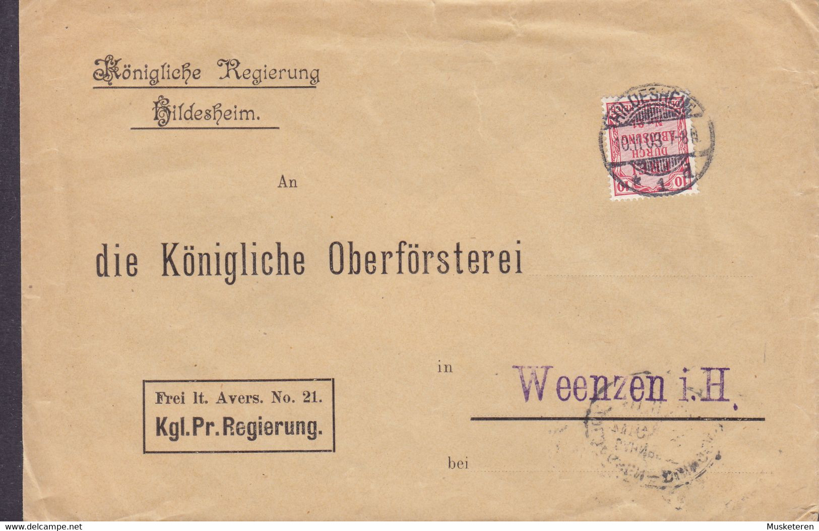 Deutsches Reich KÖNIGLICHE REGIERUNG Postoblat, HILDESHEIM 1903 Cover Brief WEENZEN I. H. Bahnpost VOLDAGSEN-DELLIGSEN - Dienstmarken