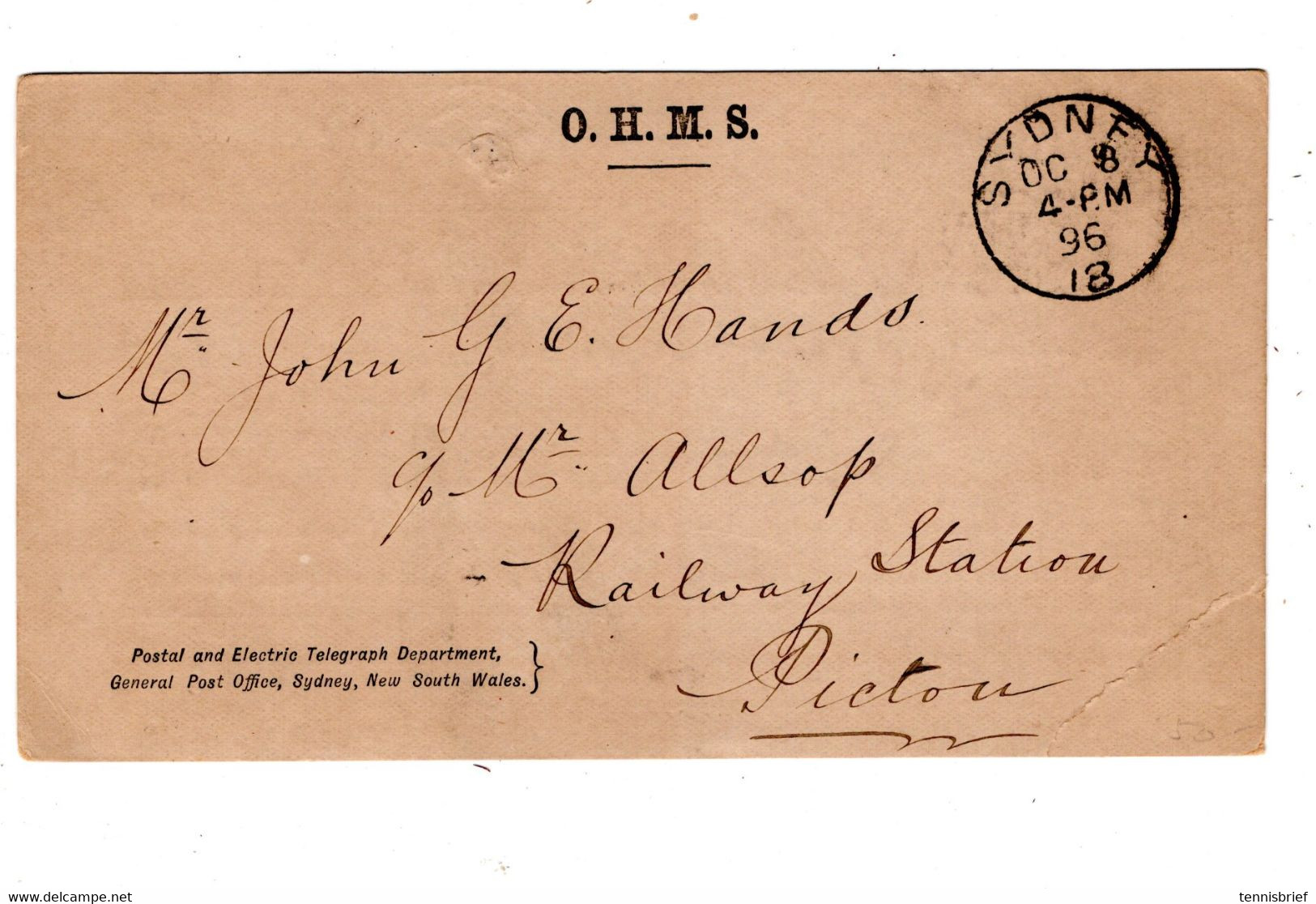 1896 , O.H.M.S. -scarce Free Official Postcard , Claire Cancel " SYDNEY "to Railway Station Picton - Lettres & Documents