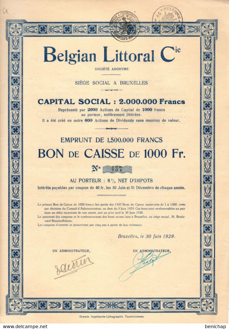 Belgian Littoral Cie - Bon De Caisse De 1000 Frs Au Porteur : 8 % Net D'impôt - Bruxelles 1929. - Bank & Insurance