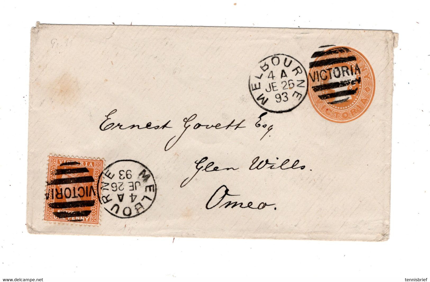 1893 ,stationary Cover 1 P. Add. Franking 1 P. ,very Clear Duplex " MELBOURNE-VICTORIA " - Covers & Documents