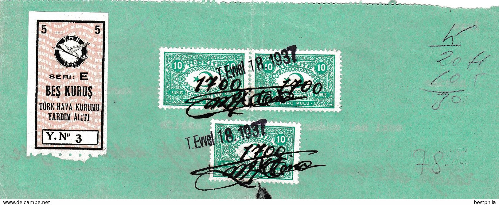 Turkey & Ottoman Empire -  Turkish Air Agency Aid Stamp & Rare Document With Stamps - 78 - Brieven En Documenten