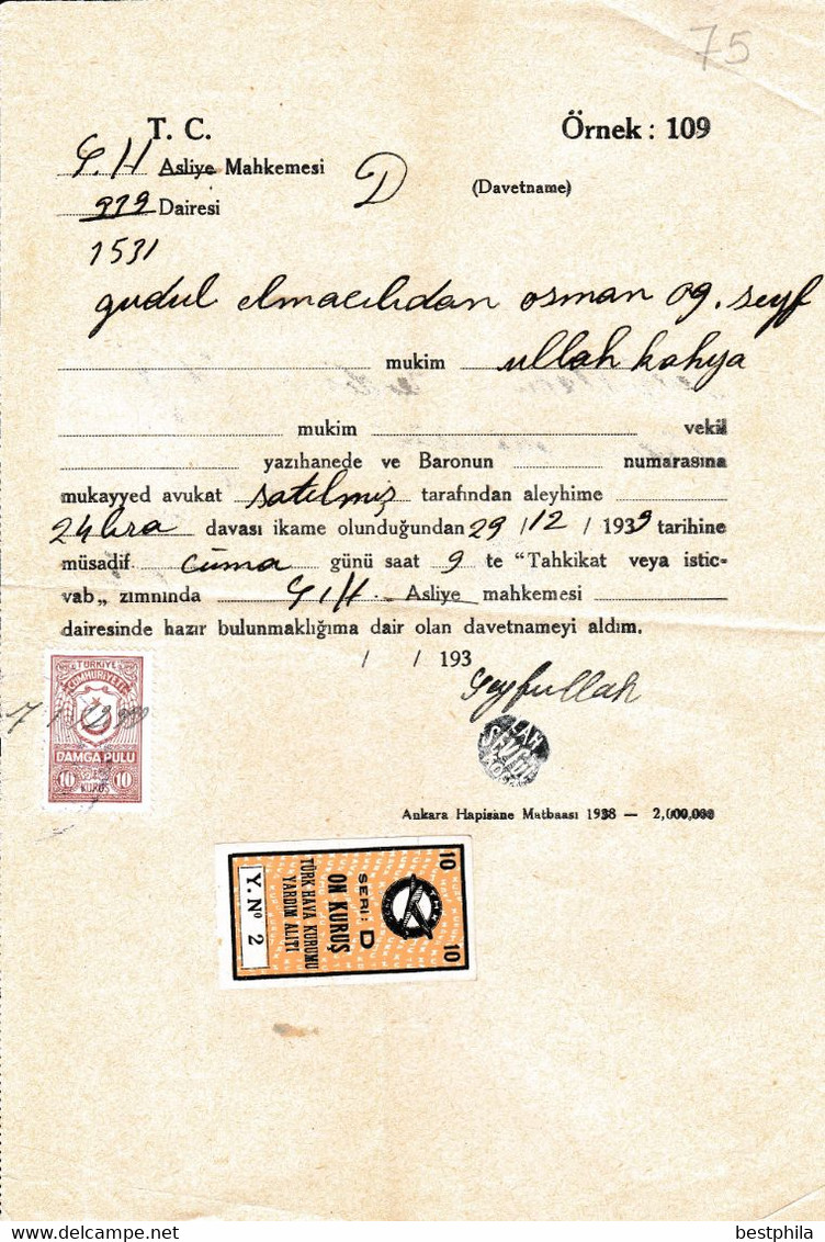 Turkey & Ottoman Empire -  Turkish Air Agency Aid Stamp & Rare Document With Stamps - 75 - Brieven En Documenten