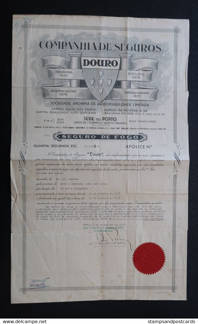 Portugal Contrat Assurance Feu Proprieté A Lamego Companhia De Seguros Douro 1938 Porto Insurance Policy Fire - Portugal