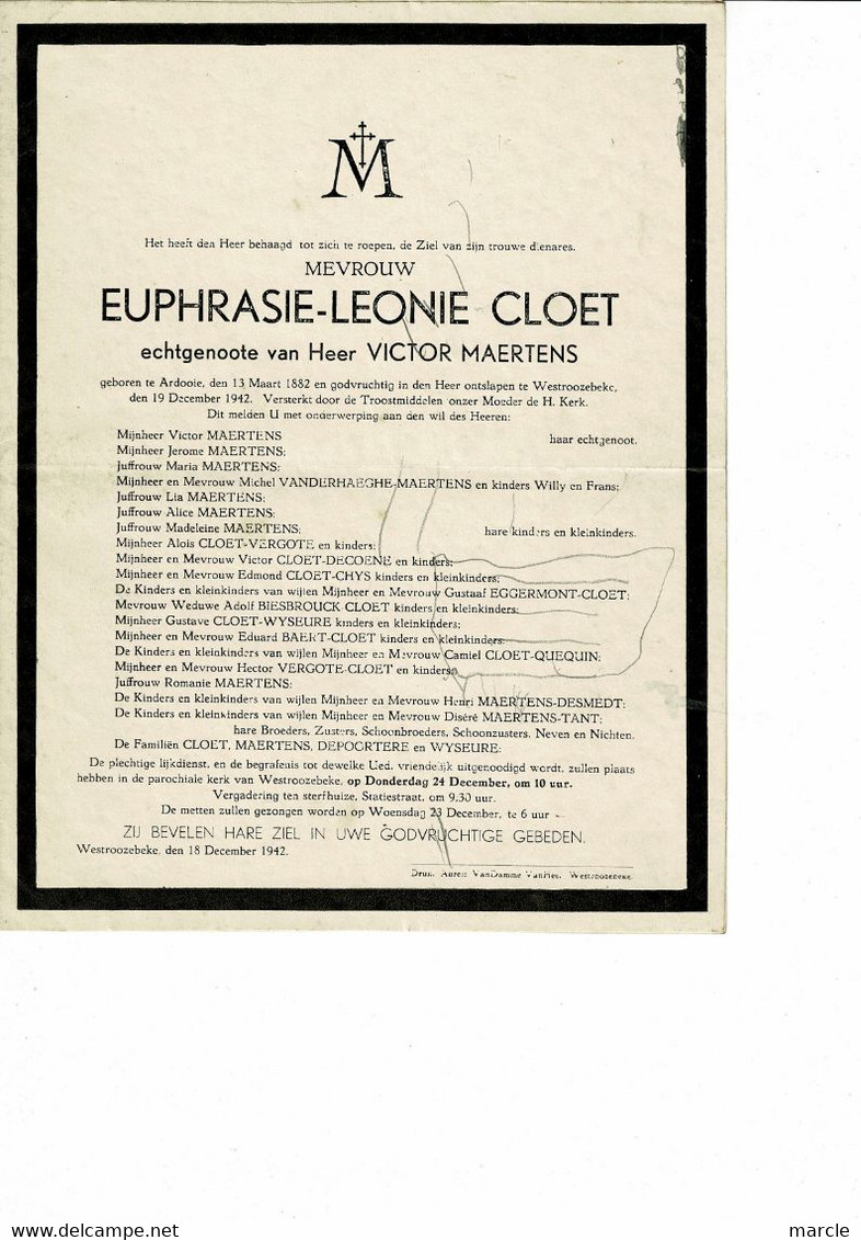 Euphrasie CLOET 1882 1942 Ee/v Victor MAERTENS Ardooie Westrozebeke - Overlijden