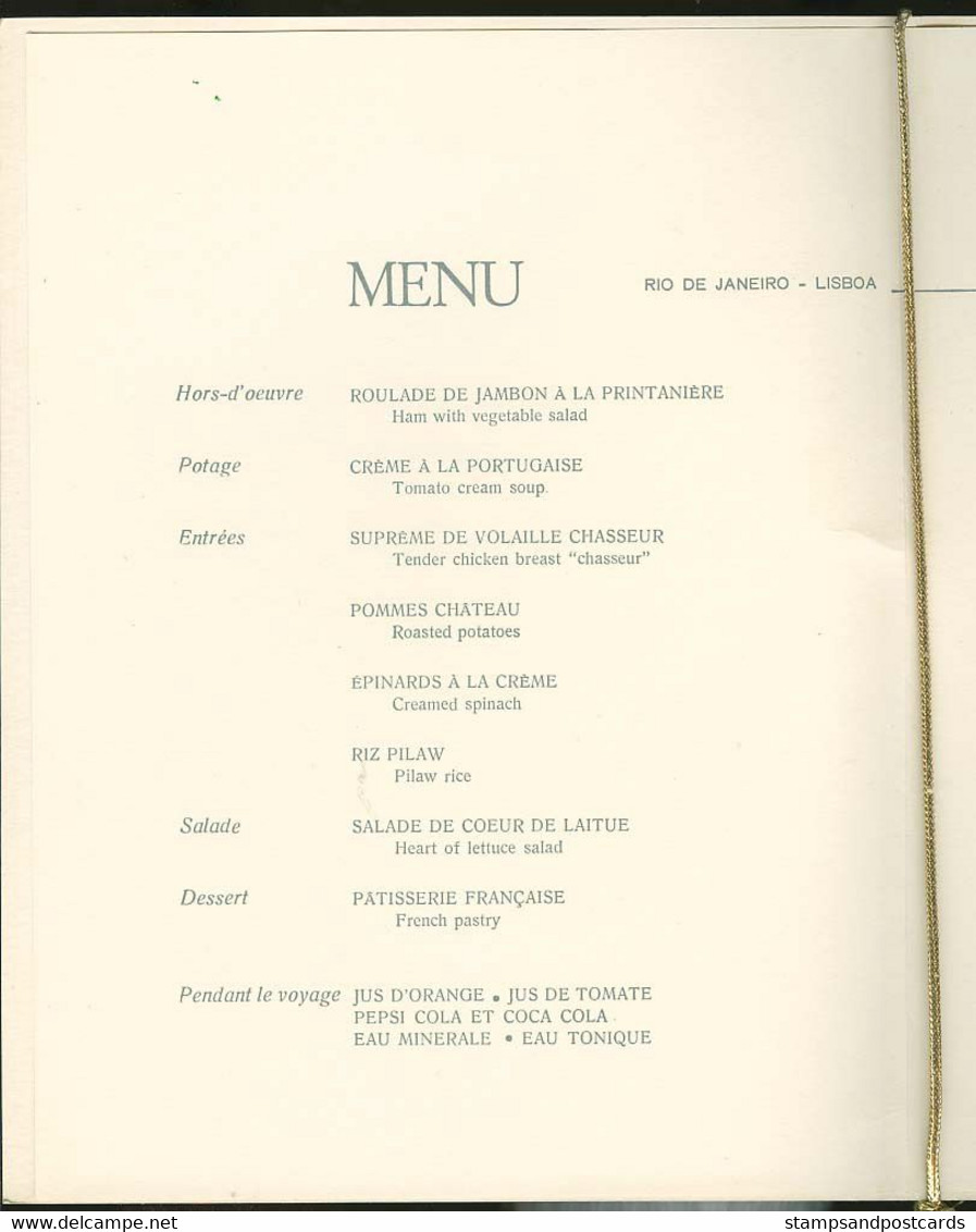 Menu De Vol Compagnie Aérienne Varig Brèsil Brasil Rio Lisbonne Portugal 1968 Brazil Airline Flight Menu Rio Lisbon - Menu Cards