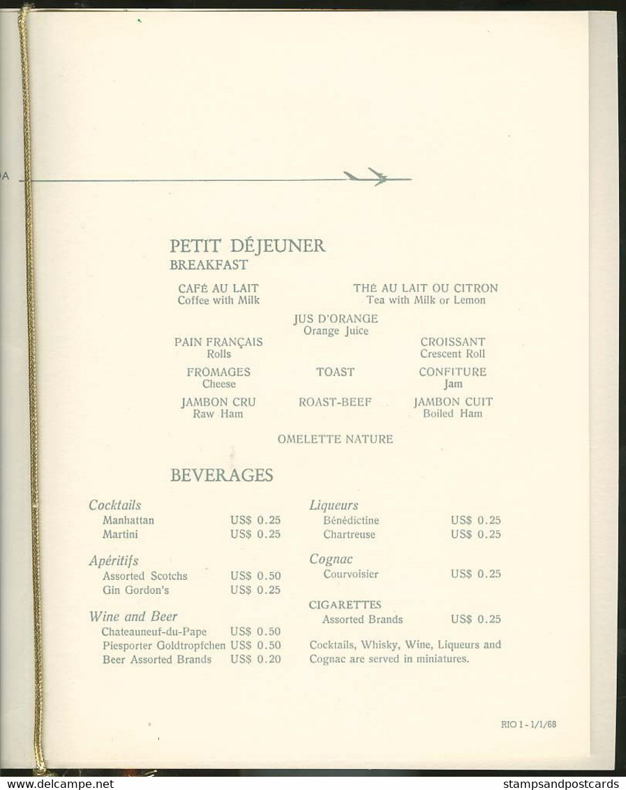 Menu De Vol Compagnie Aérienne Varig Brèsil Brasil Rio Lisbonne Portugal 1968 Brazil Airline Flight Menu Rio Lisbon - Menu Kaarten