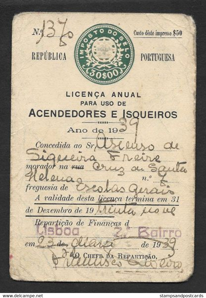 Portugal Timbre Fiscal Fixe 30$ Licence De Briquet 1939 Stamped Revenue Lighter License - Brieven En Documenten