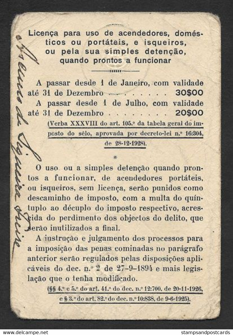 Portugal Timbre Fiscal Fixe 30$ Licence De Briquet 1939 Stamped Revenue Lighter License - Covers & Documents