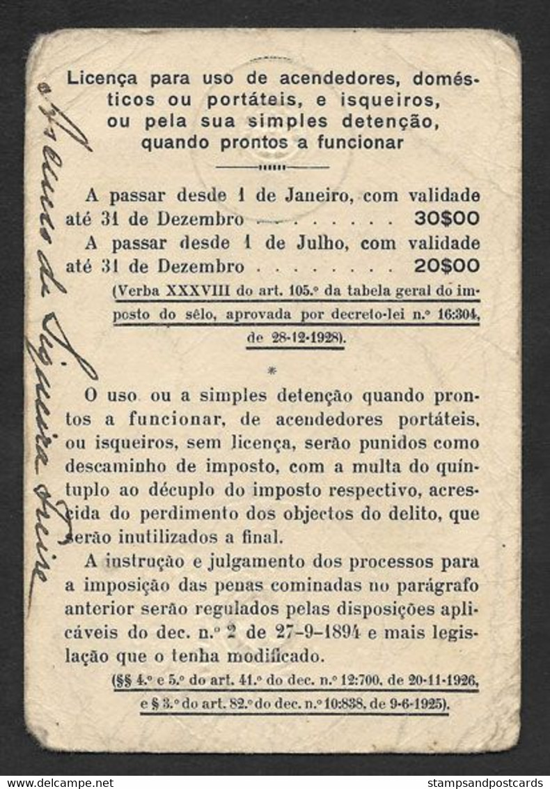 Portugal Timbre Fiscal Fixe 30$ Licence De Briquet 1939 Stamped Revenue Lighter License - Briefe U. Dokumente