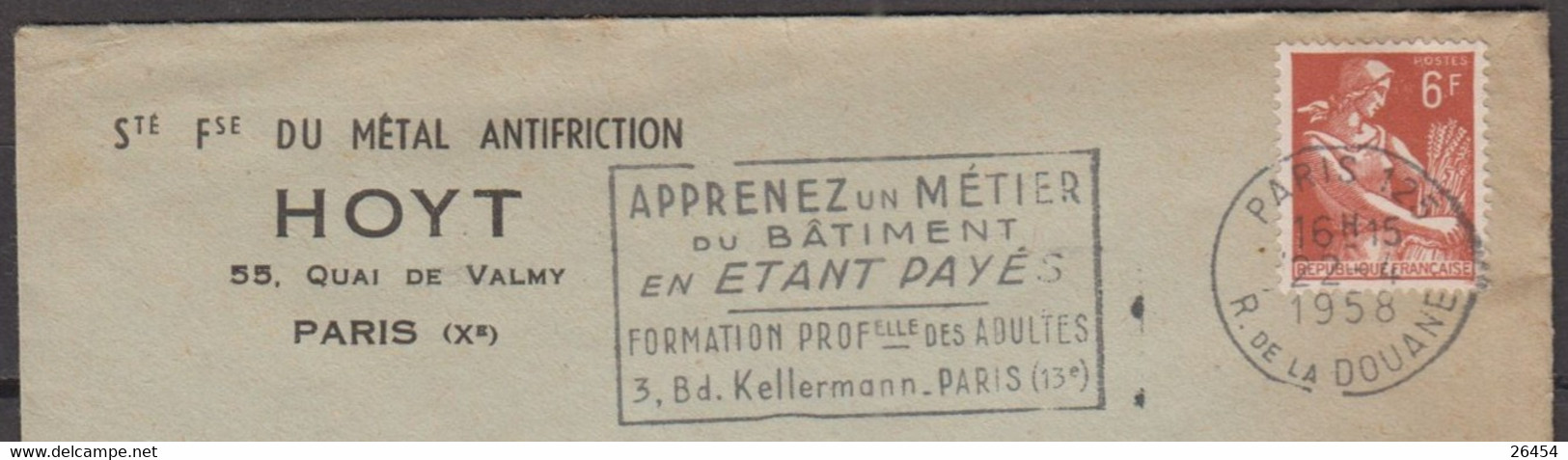 Moissonneuse  6F Sur Enveloppe Pub " Sté Fse Du METAL ANTIFRICTION " De PARIS X Le 22 4 1958 Avec Sécap De PARIS 125 - 1957-1959 Moissonneuse