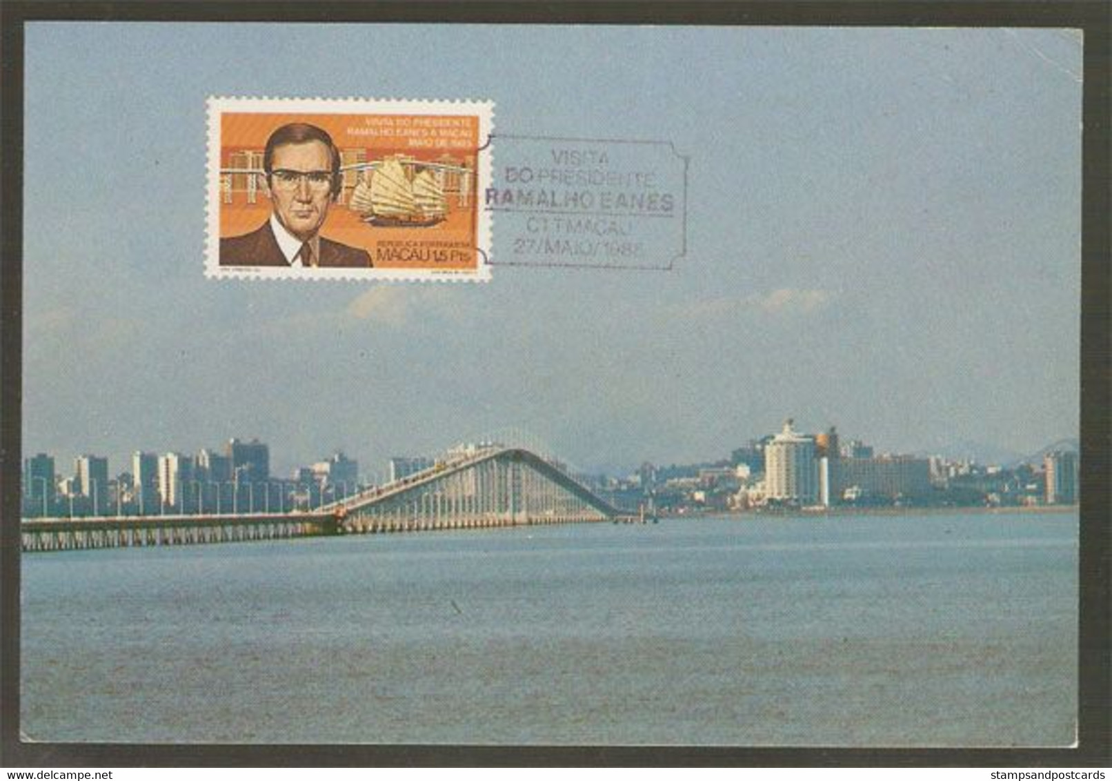 Macau Pont De Taipa Visite President Portugais Ramalho Eanes Carte Maximum 1985 Macao Bridge Presidential Visit Maxicard - Cartes-maximum