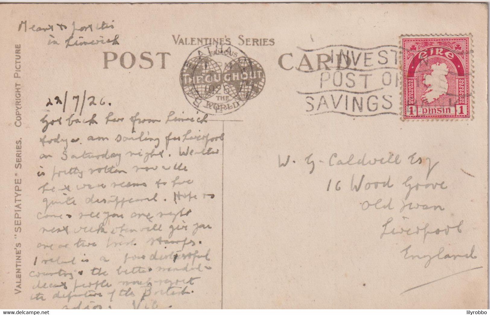 IRELAND - LIMERICK O'Connell Street - VG Street View Etc - Good Stamp & PM 1926 ATHA - Limerick