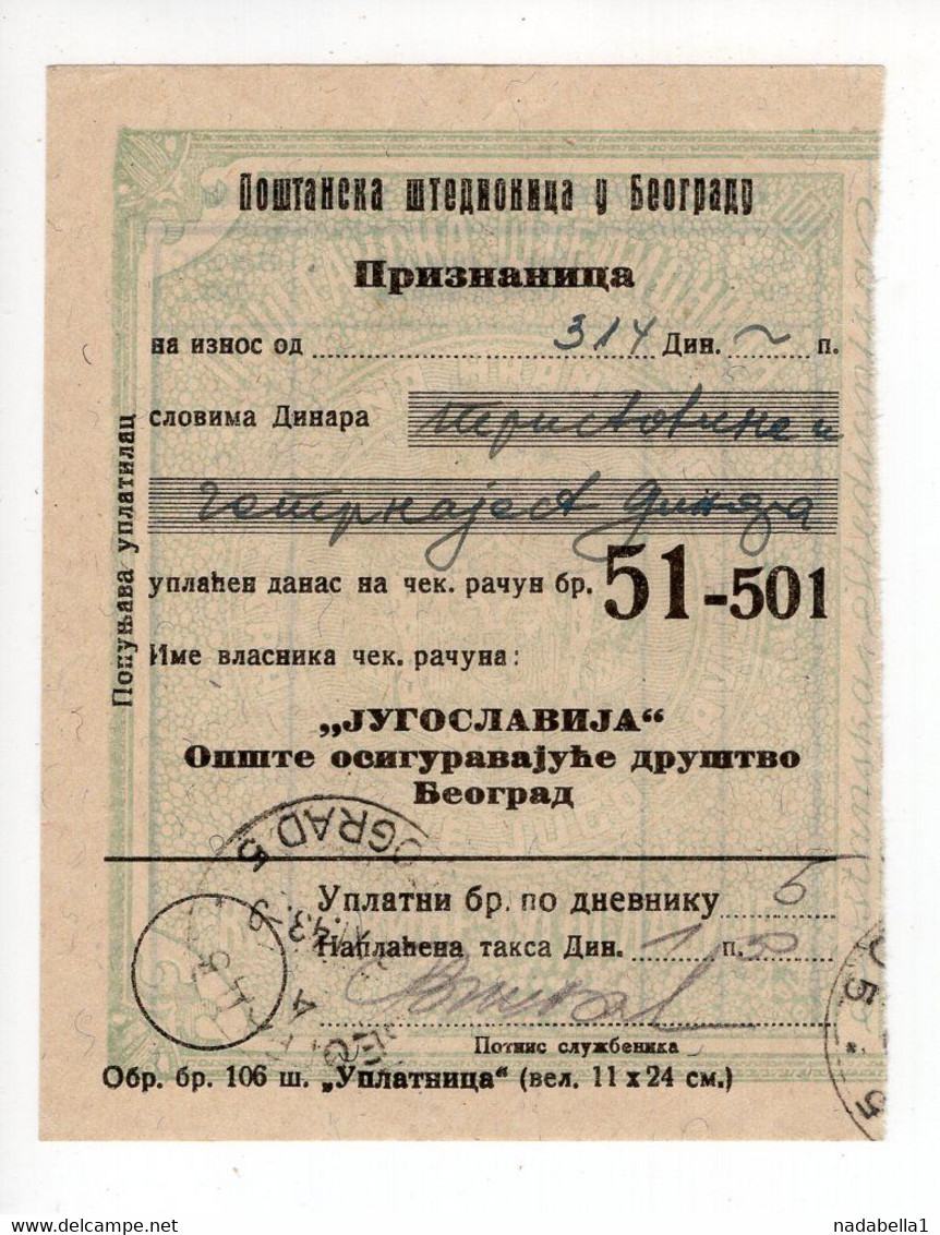 4.11.1943. WWII SERBIA,GERMAN OCCUPATION,PAYMENT RECEIPT,POST OFFICE SAVING BANK,BELGRADE, - Other & Unclassified