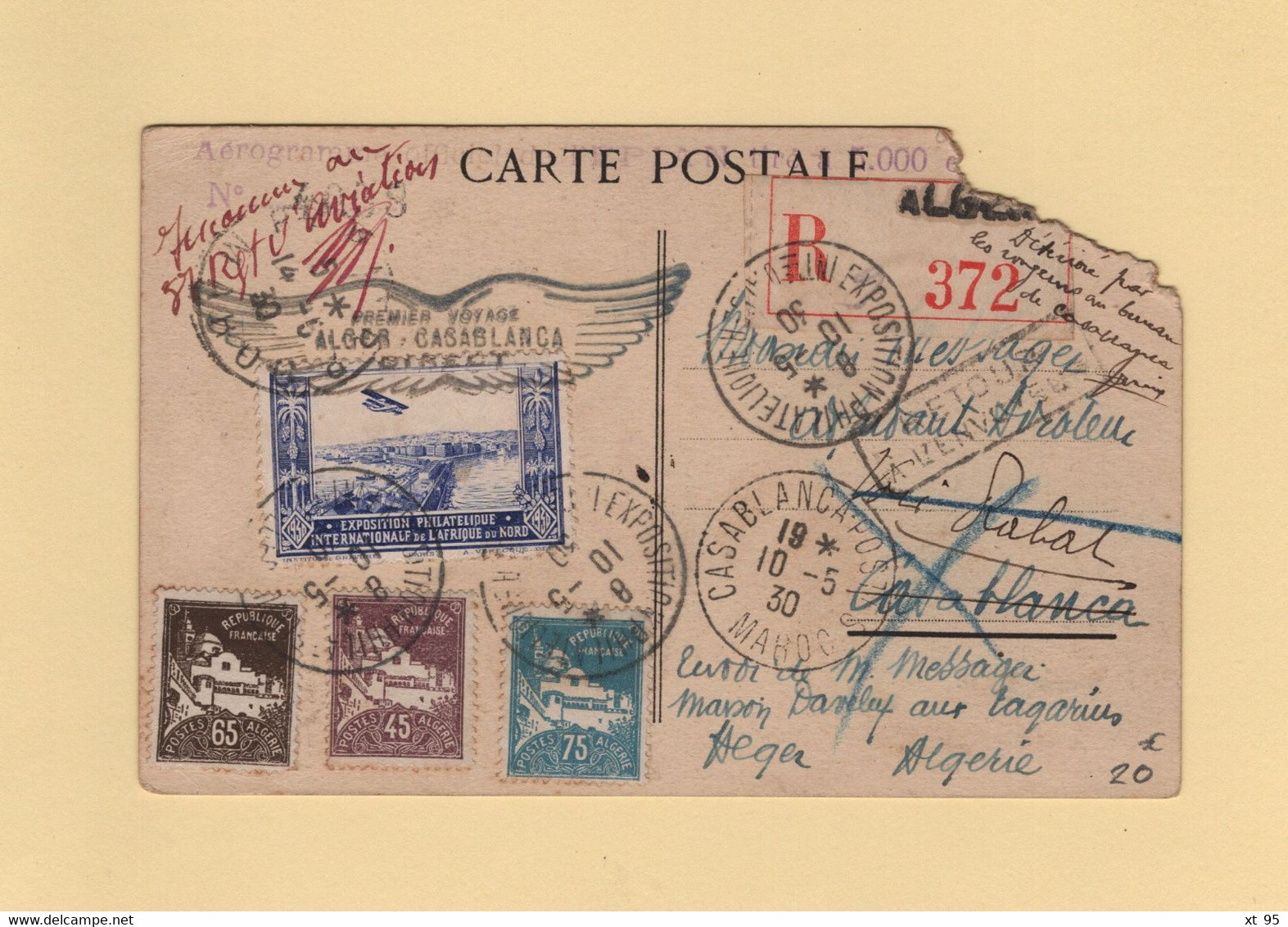 Deteriore Par Des Rongeurs Au Bureau De Casablanca - Carte Postale Recommandee - 1930 - Vol Alger Casablanca - Airmail