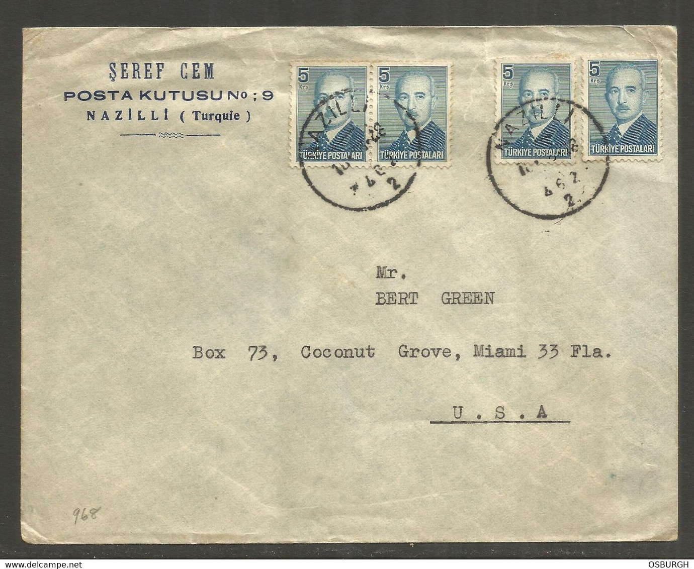 TURKEY. 1928. COVER. NAZILLI. SEREF CEM. ADDRESSED TO MIAMI. - Briefe U. Dokumente