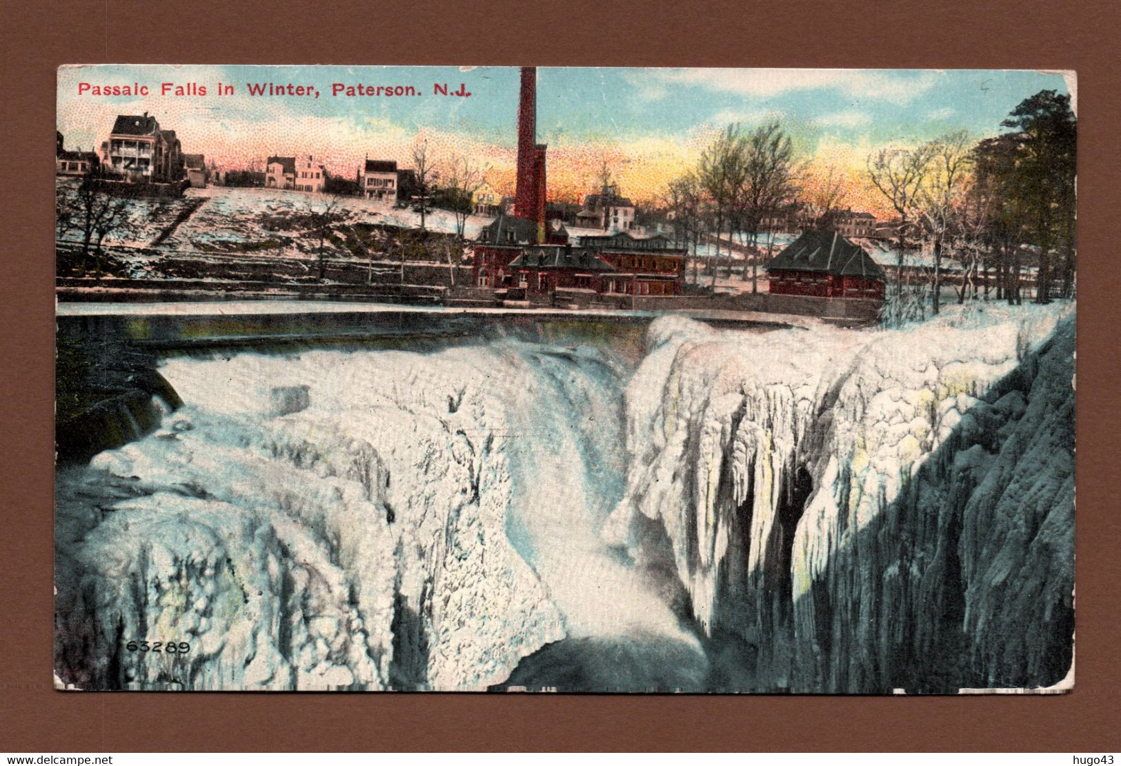 (RECTO / VERSO) PATERSON IN 1914 - PASSAIC FALLS IN WINTER - BEAUX TIMBRES ET FLAMME - CPA COULEUR - Paterson