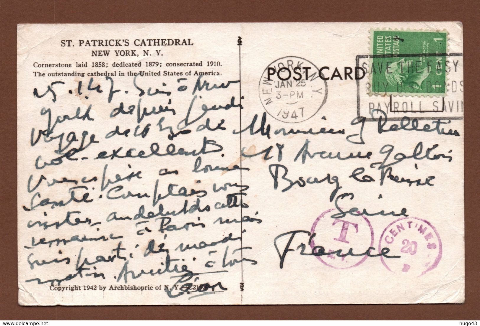 (RECTO / VERSO) NEW YORK EN 1947 - ST. PATRICK'S CATHEDRAL - CACHET TAXE 20 CENTIMES - BEAU TIMBRE ET FLAMME - CPA - Kirchen