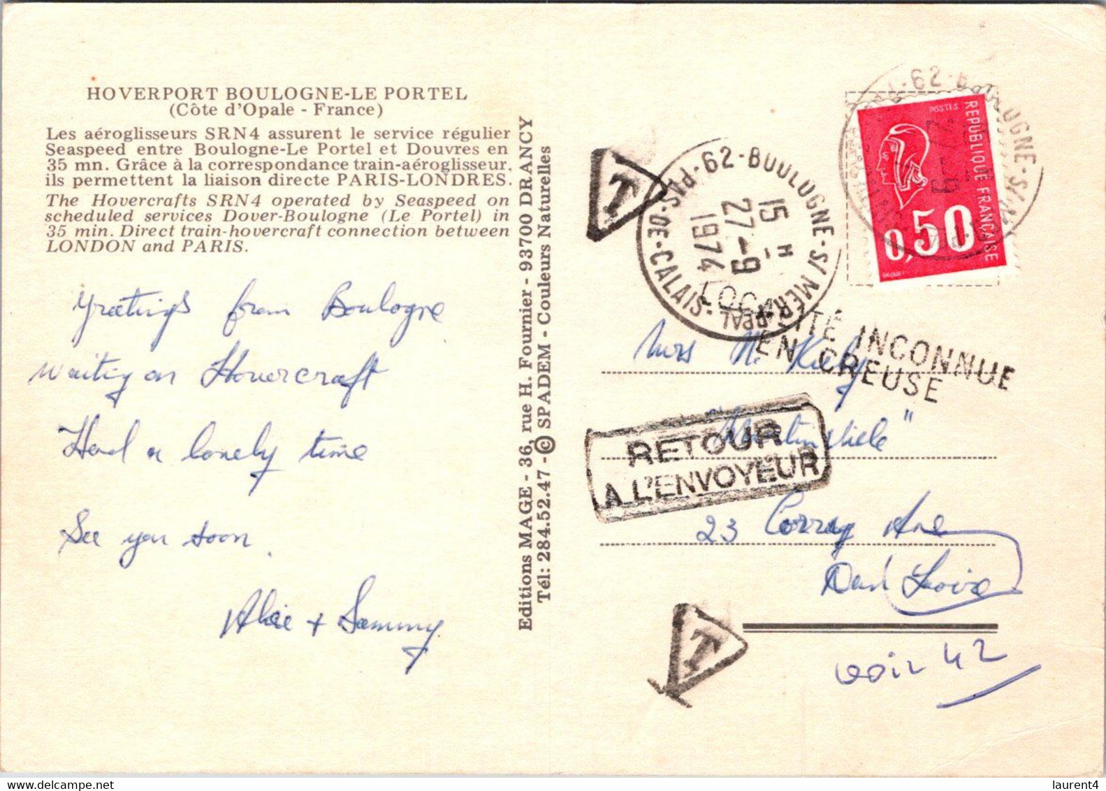 (1 Oø 37) France - Hoverport Boulogne Le Portel - (posted 1974) TAXED - Returned To Sender / RTS - Aéroglisseurs